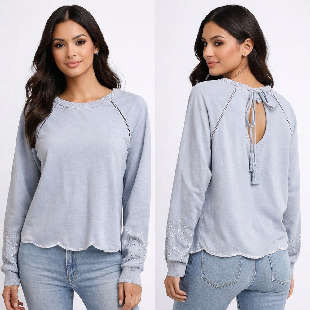 Light Blue Embroidered Sleeve Keyhole Back Sweater Top